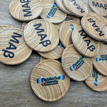 Wertmarken Chips selbst gestalten Ø35mm Holzfaser mit Maserung - 100 Stück