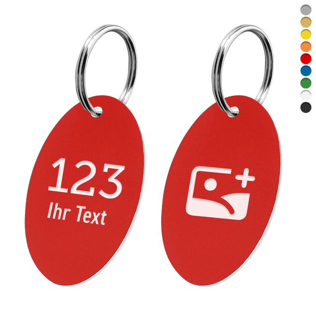 Schlüsselmarke Oval dobbelseitig Nummer/Text & Logo - pro Stück